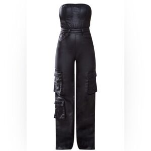 Pretty Little Thing Black Coated Cargo Denim Jumpsuit